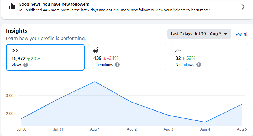 Social Media Insights - 16,872 views (+20%), 439 interactions (-24%), 32 net follows (+52%)